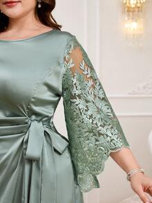 Reflora 大尺碼夏季網紗刺繡拼接修身洋裝，綠色洋裝，優雅洋裝，度假，度假穿搭，女款婚禮賓客洋裝，婚禮派對洋裝，婚禮，伴娘洋裝，婚禮賓客派對洋裝，畢業典禮媽媽穿搭，優雅派對洋裝 - 綠色 - 查看 4
