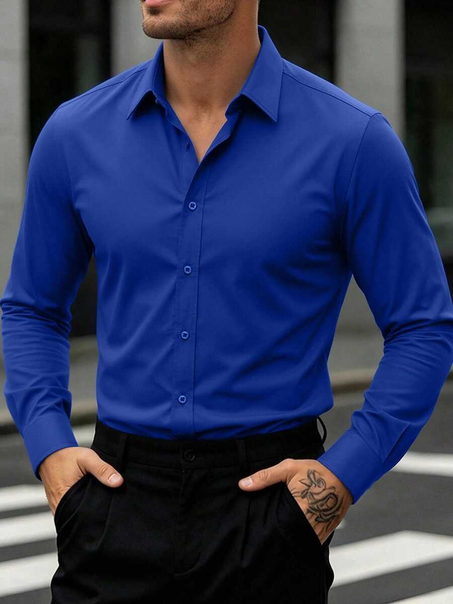 Manfinity Mode Royal Blue Semi-Sheer Men's Long Sleeve Shacket With Shirt Collar And Regular Length Hem, Formal, Ceremony - Royal Blue - View 1