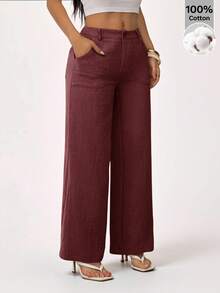 SHEIN PETITE 100% Washed Cotton Low Waist Straight Pants ,Petite Women - Brown - View 7