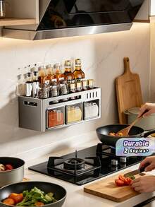 Este estante de especias integrado y montado en la pared es a prueba de óxido, no requiere perforación e incluye recipientes para especias y frascos de almacenamiento de cocina. - Multicolor - Ver 1