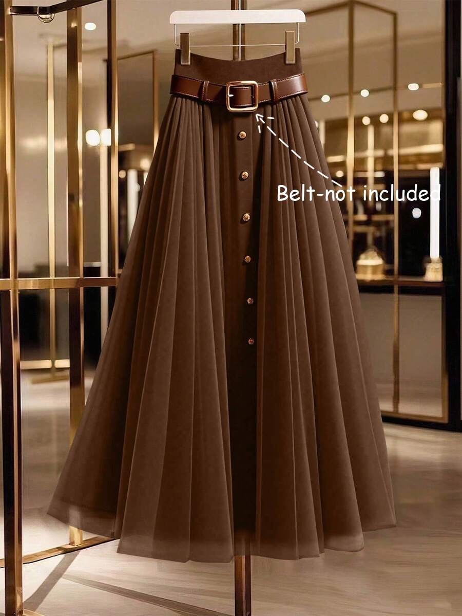 GlowEve Women's Beltless Mesh Patchwork Button Decor Elegant Daily Commute Skirt - Brown - View 1