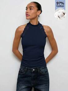 Maija 女款無袖假領腰部修身蕾絲拼接貼身羅紋時尚極簡百搭都市背心上衣 - 藏蓝色 - 查看 5