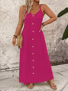 SHEIN LUNE Plus Size Solid Color Cami Vacation Casual Dress - Hot Pink - View 4