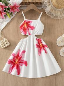 Young Girls Pastoral White Vacation Cami Dress, Big Floral Print Waist Hollow Out Sleeveless Dress For Spring Summer Daily & Travel - Multicolor - View 1