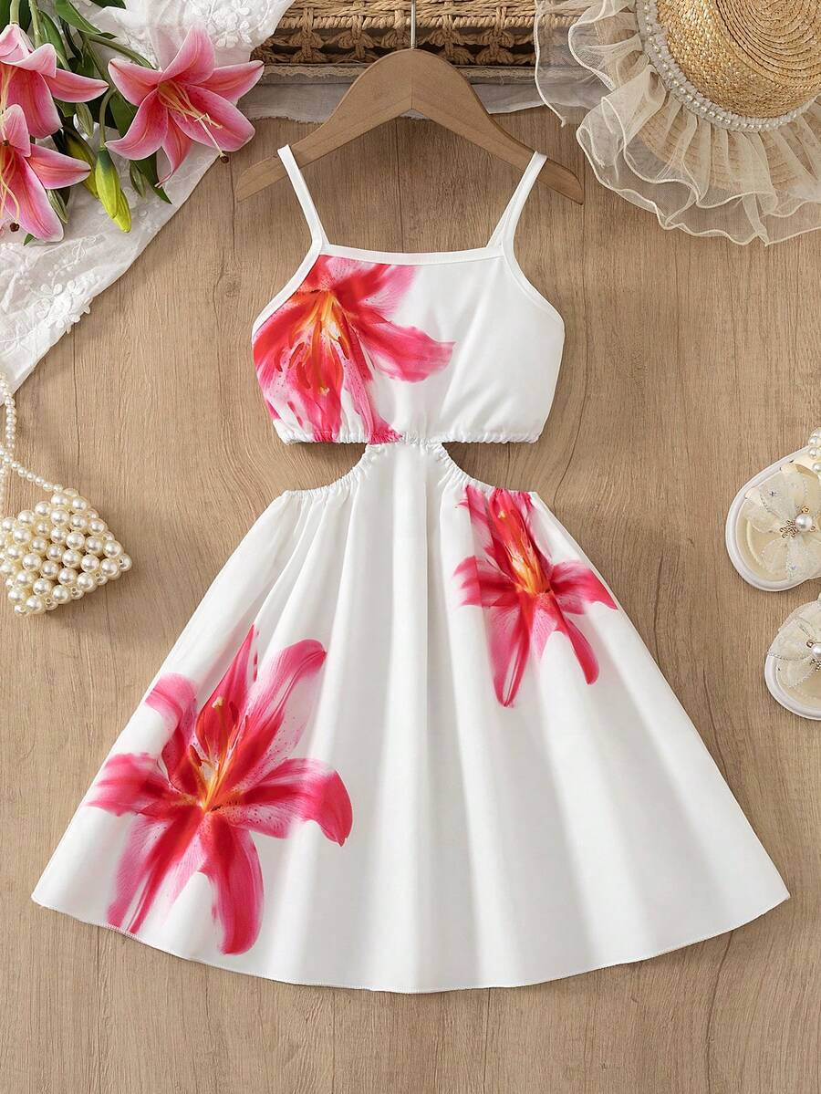 Young Girls Pastoral White Vacation Cami Dress, Big Floral Print Waist Hollow Out Sleeveless Dress For Spring Summer Daily & Travel - Multicolor - View 1