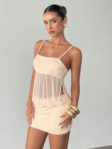 Siren Gaze White Summmer Seksi Chic Party Night Elegant Patchwork Mesh Slip Dress For Women,High-Waisted Off-Shoulder Sleeveless Mini Dress With Pleats - Apricot - View 6