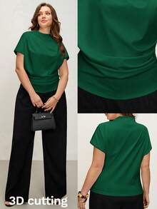 Comfylo Camiseta de mujer talla grande unicolor casual con fruncido y ajuste ceñido - Verde - Ver 1