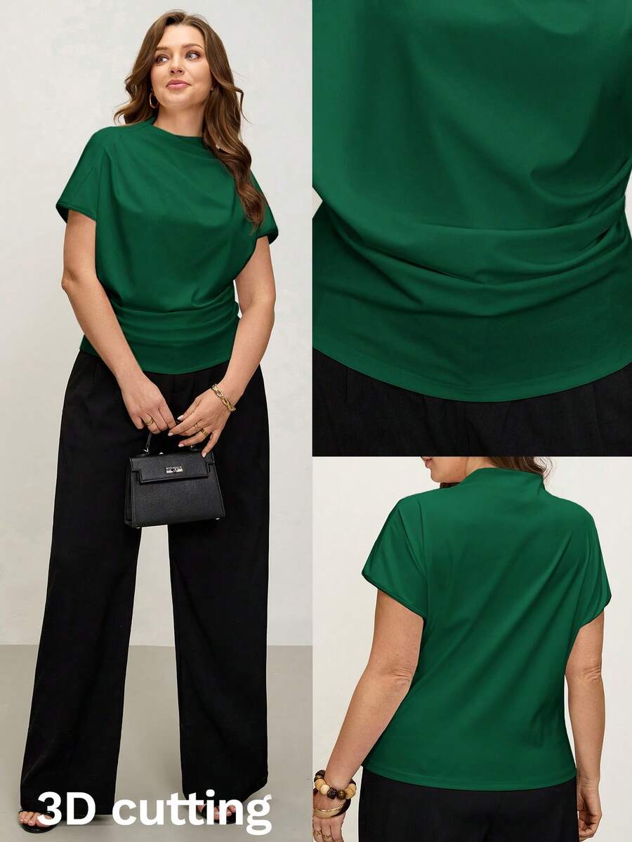 Comfylo Camiseta de mujer talla grande unicolor casual con fruncido y ajuste ceñido - Verde - Ver 1