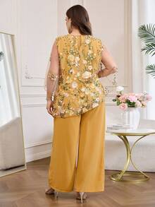 Reflora 大尺碼優雅花卉刺繡上衣與長褲兩件套，芥末黃夏季婚禮賓客女裝，奢華晚宴 Jalabiya Abaya - 黃色 - 查看 3