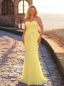 Glamrae Elegant Yellow High-Stretch Mesh Off-Shoulder Rope Asymmetrical Split Metal Decor Fish Tail Summer Formal Evening Heavy-Work Evening Gown For All - Yellow - View 2