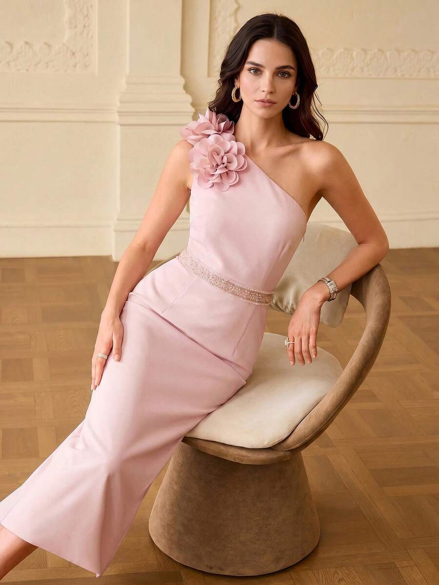 ZEYLAH Vestido ajustado con hombro asimétrico y flores 3D - Rosa - Ver 1