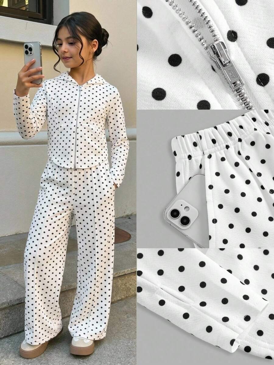SHEIN 兒童青少年女孩時尚休閒復古街頭風新款熱銷黑白圓點圖案兩件套連帽上衣與寬腿褲套裝,春秋休閒日常穿著 - 黑與白 - 查看 1