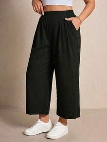 SHEIN Tall CURVE 大码休闲纯色宽松裤 - 黑色 - 查看 6