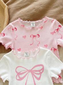 SHEIN LMoss Kids 女嬰夏季可愛花卉印花荷葉邊圓領短袖短褲休閒舒適貼身睡衣套裝 4件組 - 彩色 - 查看 4
