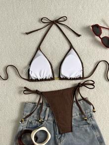 Swim SXY Springbreak 女款夏季新款紋理面料純色波浪邊設計肩帶露背三角比基尼套裝，附側帶，適合海灘度假 - 咖啡棕 - 查看 6