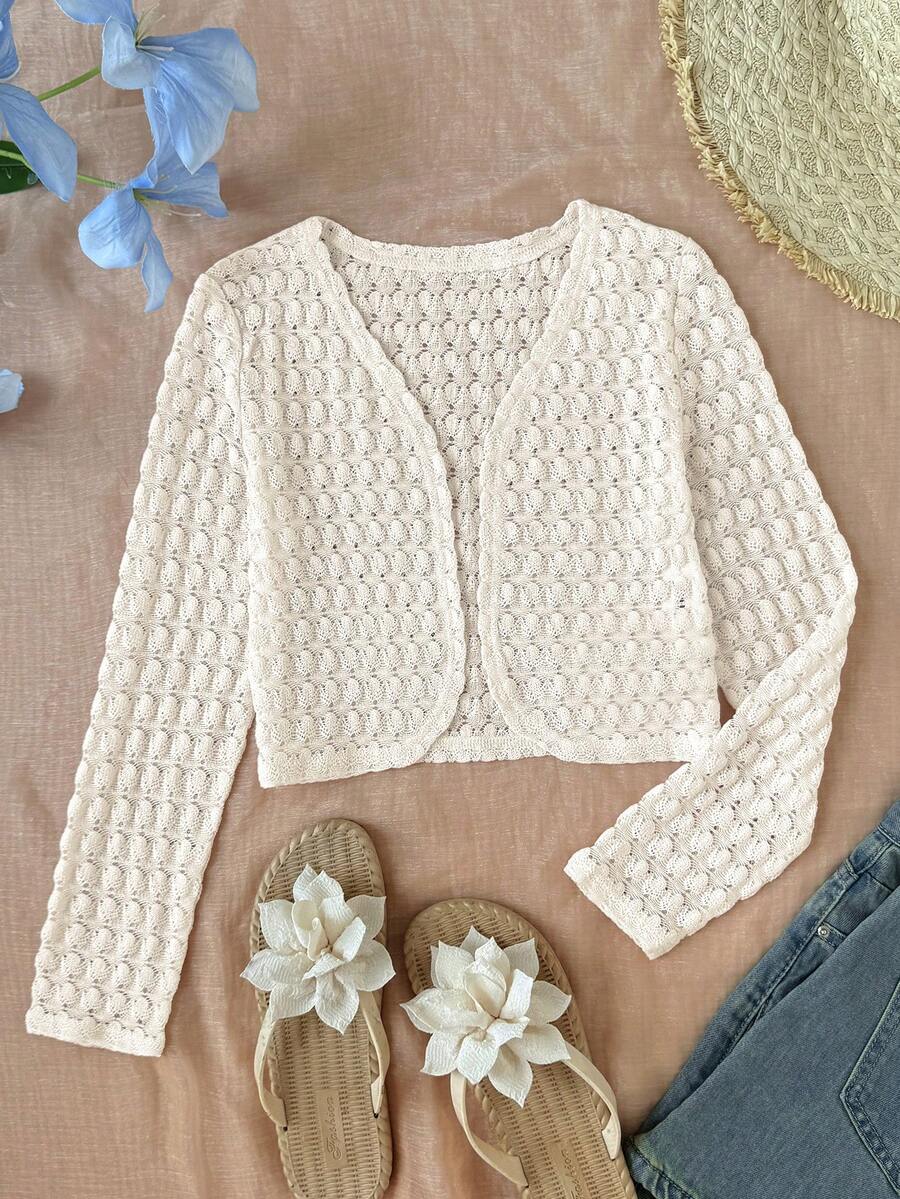 SHEIN Jaket Kardigan Rajut Kasual Serbaguna Model Baru untuk Anak Perempuan Remaja Musim Gugur/Dingin, Leher V Berongga, Tepi Berkerut, Kancing Depan, Warna Aprikot, Cocok untuk Kembali ke Sekolah, Pakaian Serasi Ibu dan Anak