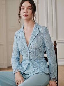 Anewsta Women's Blue Blazer Jacket With Lapel, Padded Shoulders, Floral Lace And Resin Buttons, Slim Fit Waist, Long Sleeve Cardigan, French Elegant Elegant Blouse - Blue - View 4