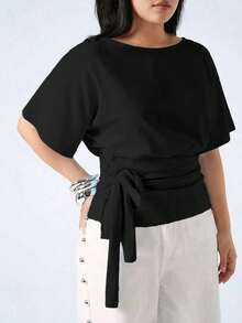 SHEIN EZwear Plus Size Summer Casual Black Tie Waist T-Shirt - Black - View 6