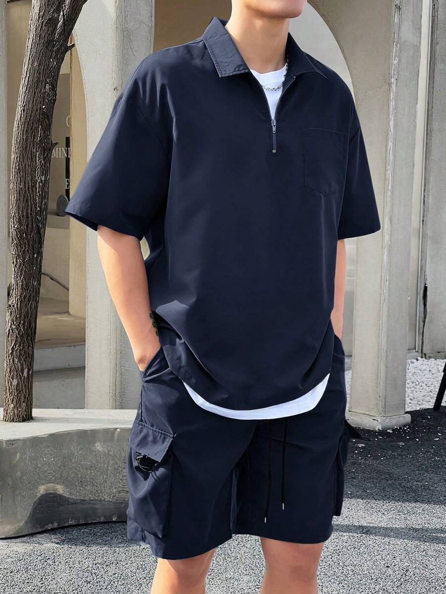 Manfinity Homme 男士纯色简约日常短袖T恤短裤套装，男士夏季两件套，男士休闲两件套，舒适装 - 藏蓝色 - 查看 1