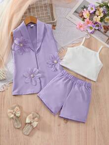 SHEIN Elladie kids 少女紫色西裝外套、細肩帶針織上衣、短褲夏季套裝，上衣搭配同款碎花，休閒度假優雅套裝 - 紫色 - 查看 8