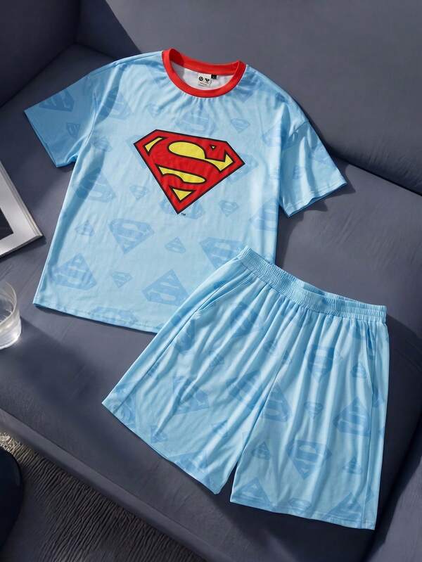 SUPERMAN X SHEIN Heren set met ronde hals, letterprint, korte mouwen top en korte broek, casual dagelijkse kleding voor thuis
