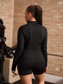 Powerista Women's Plus Size Summer Minimalist Solid Color Zipper Front Top And Shorts Sports Set - Black - View 3