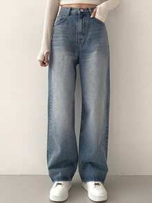 Dazy Tall Damen Lässig Alltag Pendeln Minimalistisch Vielseitig Gewaschen Locker Gerader Schnitt Jeans Herbst - Mittele Waschung - Übersicht 5