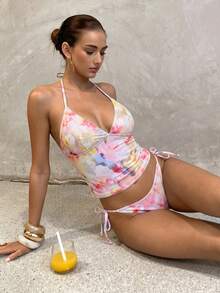 Swim Glamine 夏季甜美花卉奶油黃格紋比基尼背心套裝，休閒春夏度假海灘派對 2 件組 - 彩色 - 查看 7