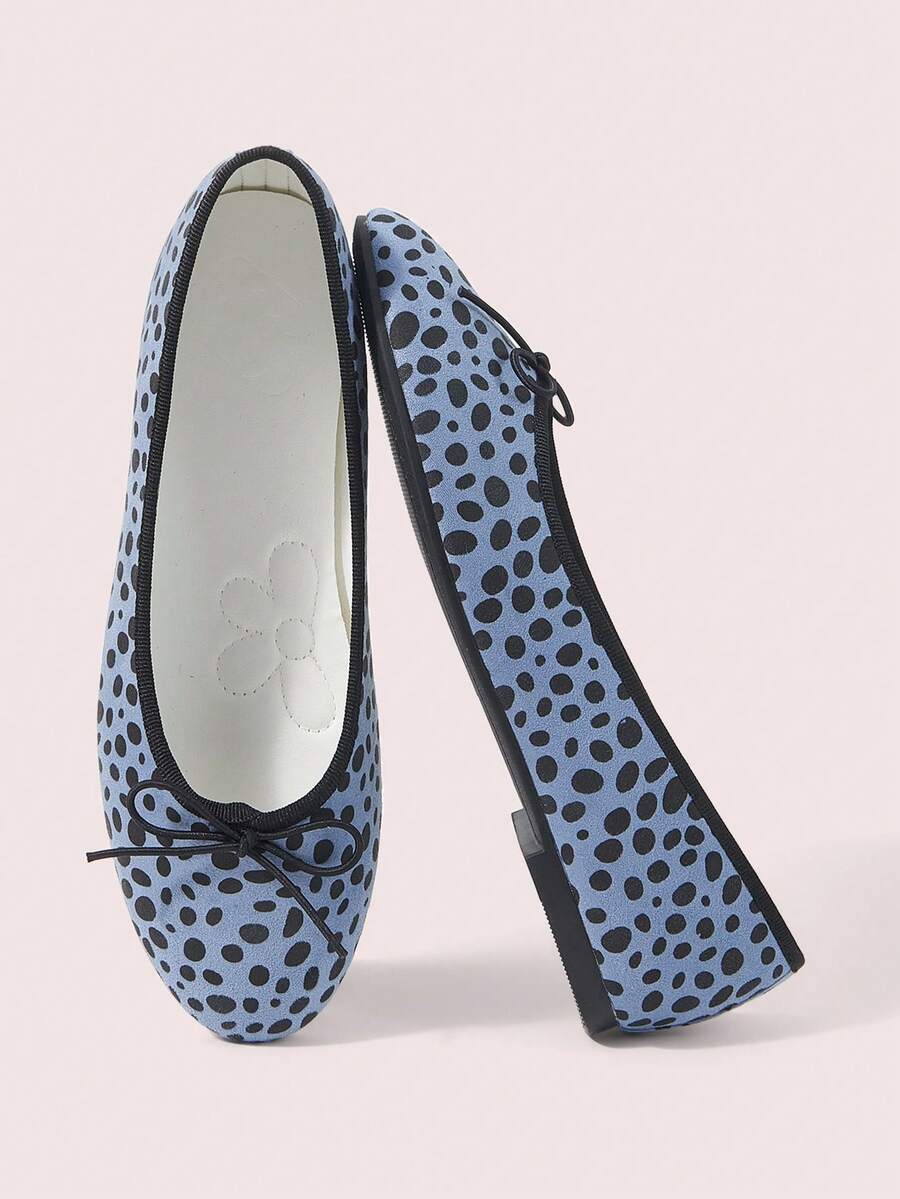 CUCCOO DOLLMOD Polka Dot Printed Bow Decorative Ballet Flats, Round Toe Lace-Up Flats, Casual And Comfortable Soft-Soled Shoes, All-Season Daily Wear Shoes Fall Shoes - Blue - View 1
