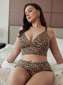 Slumbrini Conjunto de ropa interior estampada para uso diario y casual de tallas grandes - Marrón - Ver 1