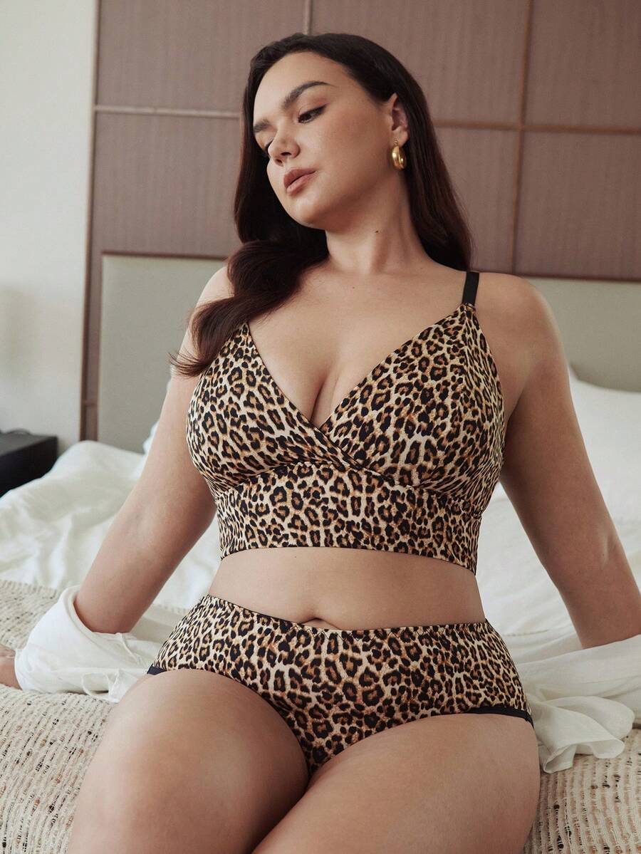 Slumbrini Conjunto de ropa interior estampada para uso diario y casual de tallas grandes - Marrón - Ver 1