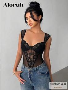 Aloruh Women's Solid Color Lace Camisole, Fashionable Suitable For Summer Going Out Black Sexy - Black - View 1