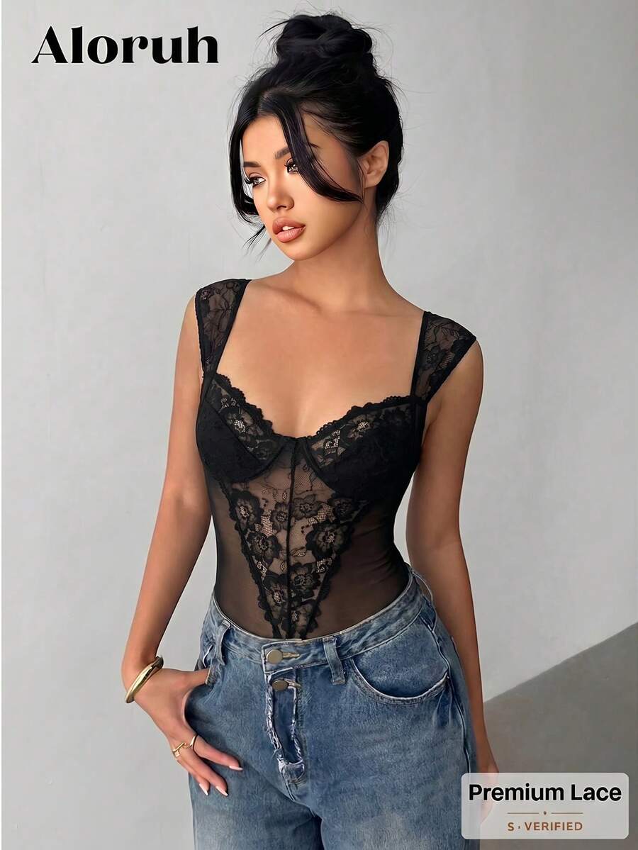 Aloruh Women's Solid Color Lace Camisole, Fashionable Suitable For Summer Going Out Black Sexy - Black - View 1