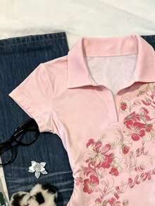 IslaSuriya 女款花卉印花翻領短袖休閒T恤 - 粉色 - 查看 8