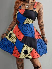 Whyspr Plus Size Spring/Summer Multi-Color Patchwork Strappy Dress - Multicolor - View 4
