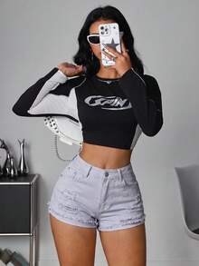 SHEIN PETITE 女款口袋磨損休閒百搭牛仔短褲，適合嬌小女性 - 灰色 - 查看 5