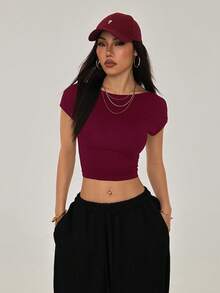 SHEIN PETITE 女款性感純色露背短版T恤，適合夏季，小碼女款 - 酒紅色 - 查看 4