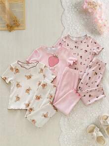 SHEIN LMoss Kids 女嬰熊/草莓/花卉印花荷葉邊上衣與長褲家居服 3套 6件組 - 彩色 - 查看 6