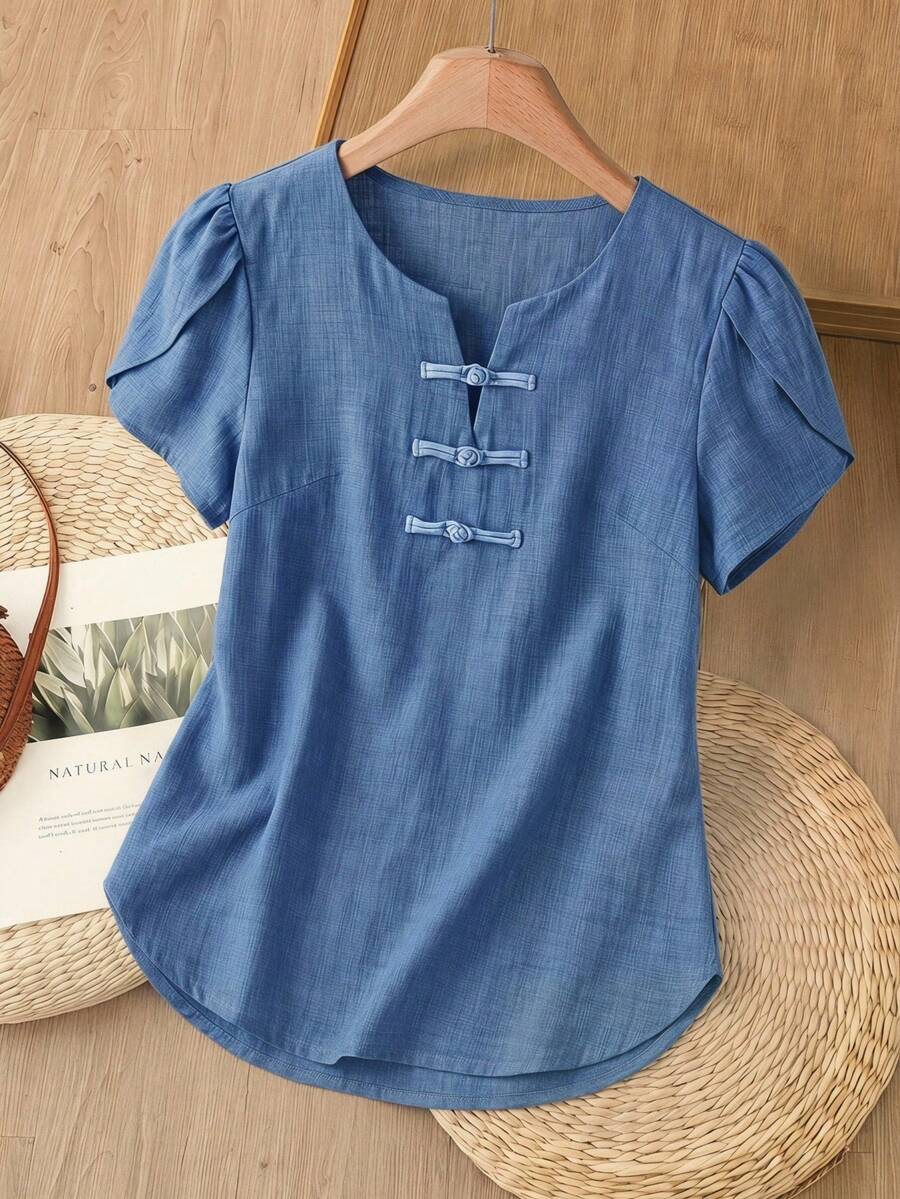 Rusticease Solid Color Cap Sleeve Button-Up Women's Casual Summer Top Shirt - Blue - View 1