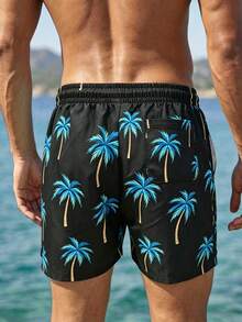 Surfspeed Summer Men's Palm Tree Print Drawstring Waist Beach Shorts Holiday / Vacation / Beach / Hawaii / Tropical / Swim /  Bathing - Black - View 2