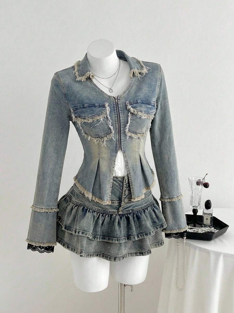 SHEIN MOD 女士休闲磨边牛仔夹克，春秋 - 藍色 - 查看 1