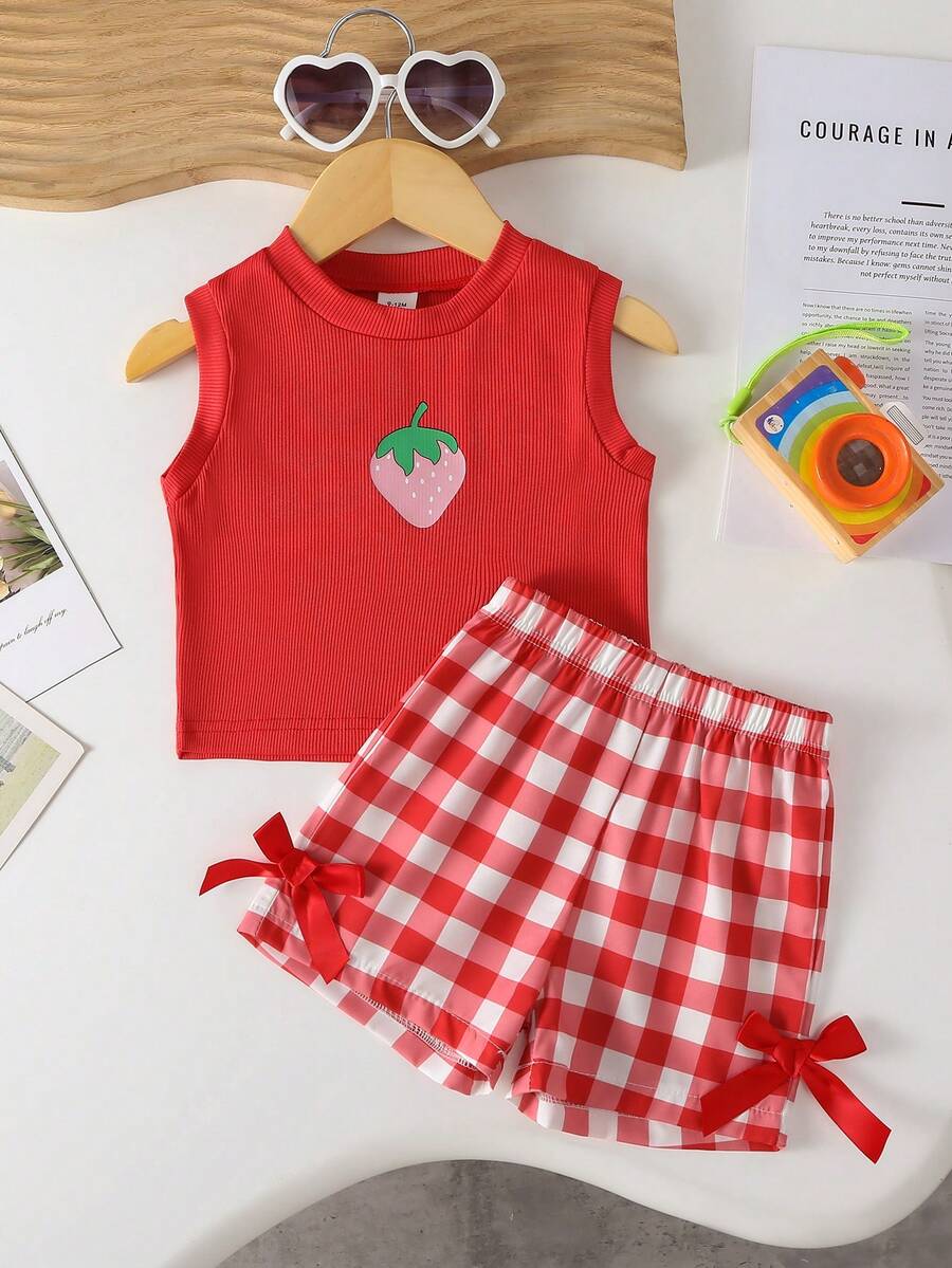 SHEIN Playful Pals BABY GIRL Summer Blue Set Textured Sleeveless Top Blue Plaid Shorts Decorated With Blue Bows Daily Outing Essential - Red and White - View 1