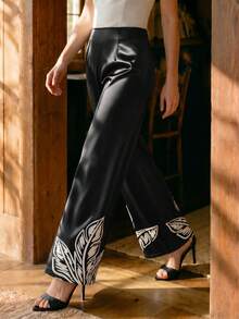 CAJUNI Women's Tropical Plant Print Elegant Satin Flare Pants Party Black And White Autumn - Black - View 7