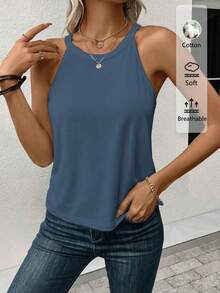 SHEIN LUNE 95%棉女款休閒修身掛脖背心，適合夏季 - 霧霾藍 - 查看 6