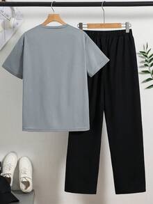 SHEIN 青少年男孩 2件/套 休閒舒適百搭對比字母圖案印花短袖上衣與長褲套裝，適合春/夏，日常穿著、運動、外出、學校、派對、節慶、拍照 - 彩色 - 查看 4