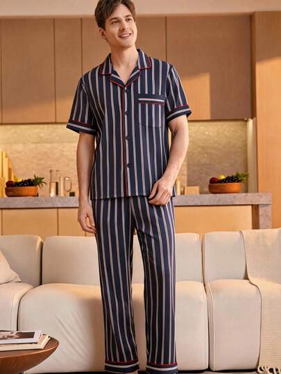 Premium Quality Two-Piece Cotton Pajamas, Comfortable And Cool For Hot Season, Button-Down Shirt And Bag.
