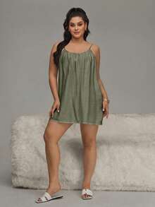 HautHeat Plus Size Women's Solid Color Pleated Casual Cami Nightgown - Army Green - View 5