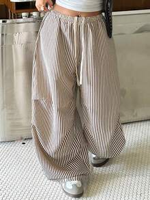 Muchica Plus Size Women Striped Casual Versatile Daily Wear Wide Leg Pants - Multicolor - View 3