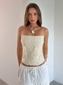 Opulessa Spring/Summer Vacation Solid Color Woven Bandeau Top For Women - Apricot - View 7