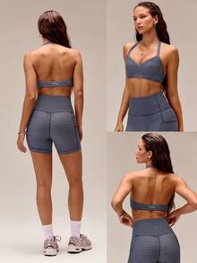 GLOWMODE FeatherFit™ Bring The Heat Bra Olahraga Halter Demi Anti-Selip Lembut dan Ringan dengan Cup yang Dapat Dilepas, Cocok untuk Yoga, Pilates, Studio, dan Aktivitas Sehari-hari dengan Dampak Rendah - Blue and White - View 8